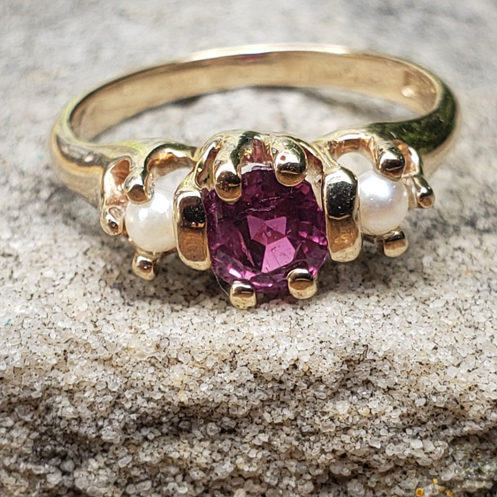 Edwardian Rhodolite Garnet and Pearl Ring / Natural Rhodolite Garnet Ladies Ring / January Birthstone
