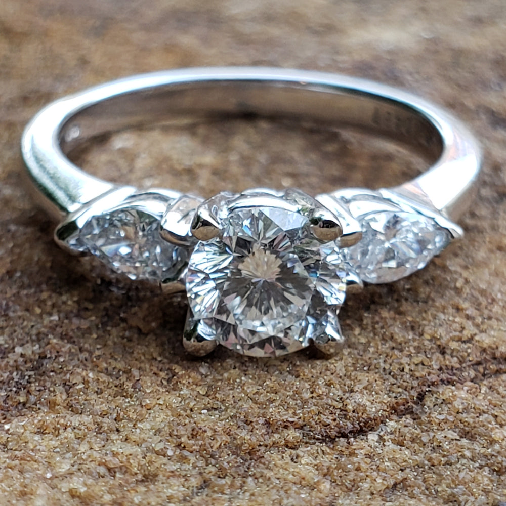 Diamond Three Stone Engagement Ring / 18K White Gold 1.12 cts Diamond Engagement Ring