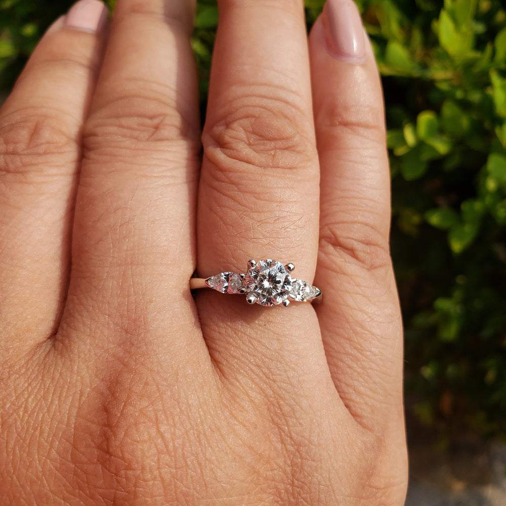 Diamond Three Stone Engagement Ring / 18K White Gold 1.12 cts Diamond Engagement Ring