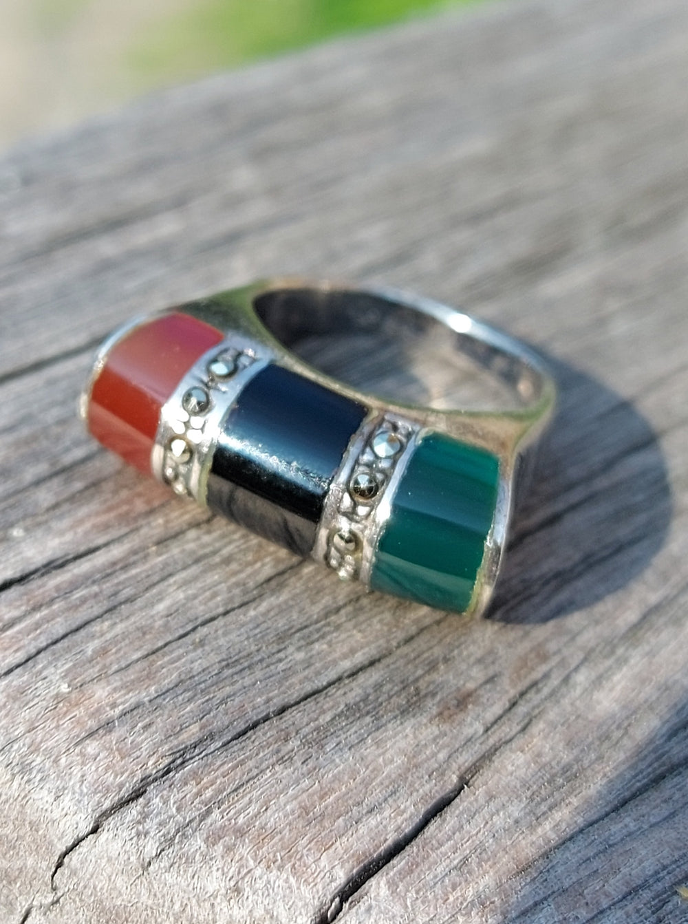 Onyx, Carnelian and Green Agate Ring / Silver Marcasite Ring / Silver Statement Ring
