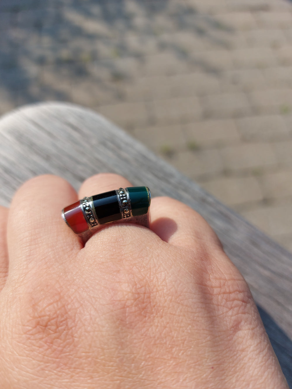 Onyx, Carnelian and Green Agate Ring / Silver Marcasite Ring / Silver Statement Ring