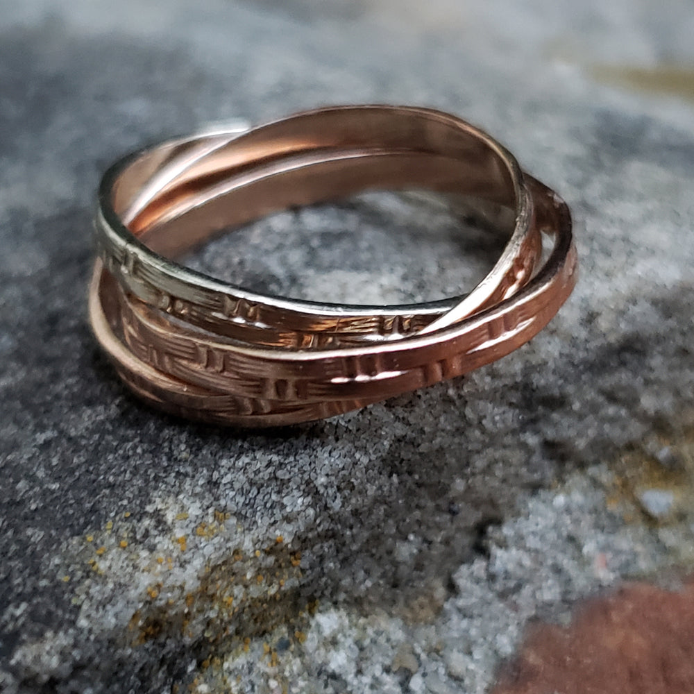 Rolling Wedding Ring / Two-Tone Rose and White Gold Wedding Rings / Woven Ring / Trinity Rings / Russian Wedding Ring