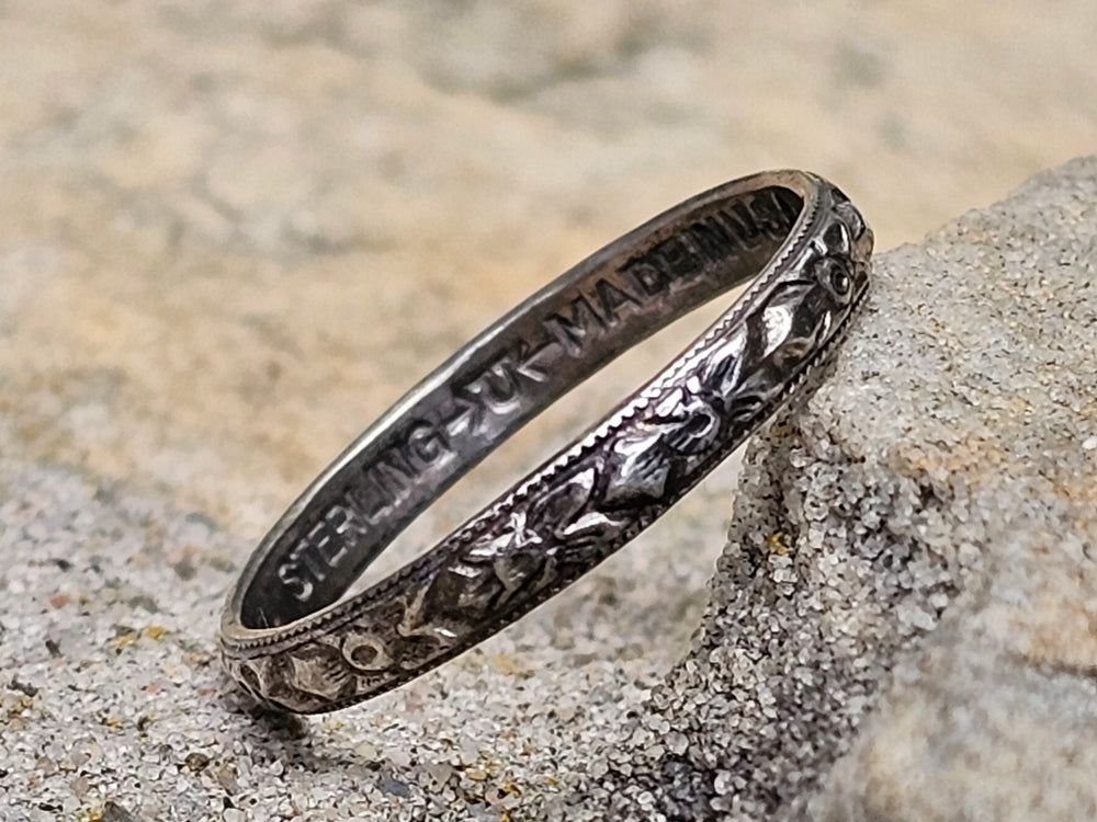 Art Deco Silver Patterned Band / Vintage Sterling Silver Patterned Band / Floral Patterned Stacking Ring / Made in the USA