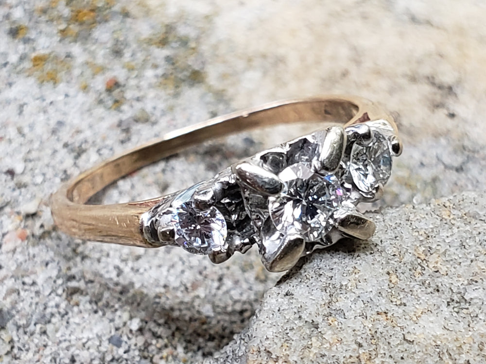 Vintage Diamond Engagement Ring / Three Stone Diamond Engagement Ring