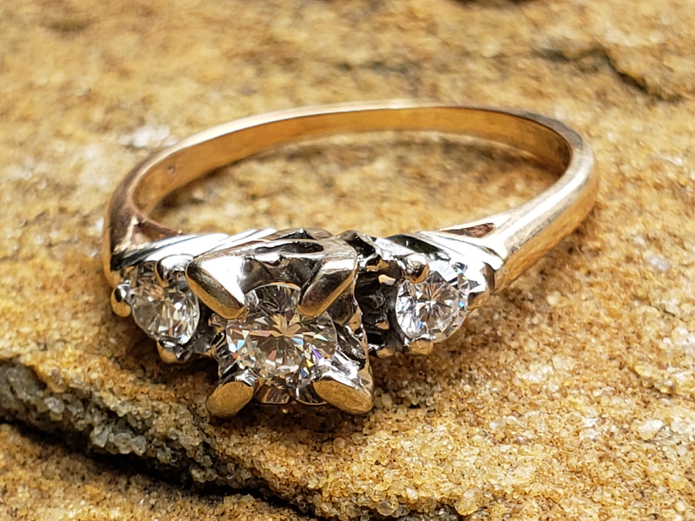 Vintage Diamond Engagement Ring / Three Stone Diamond Engagement Ring