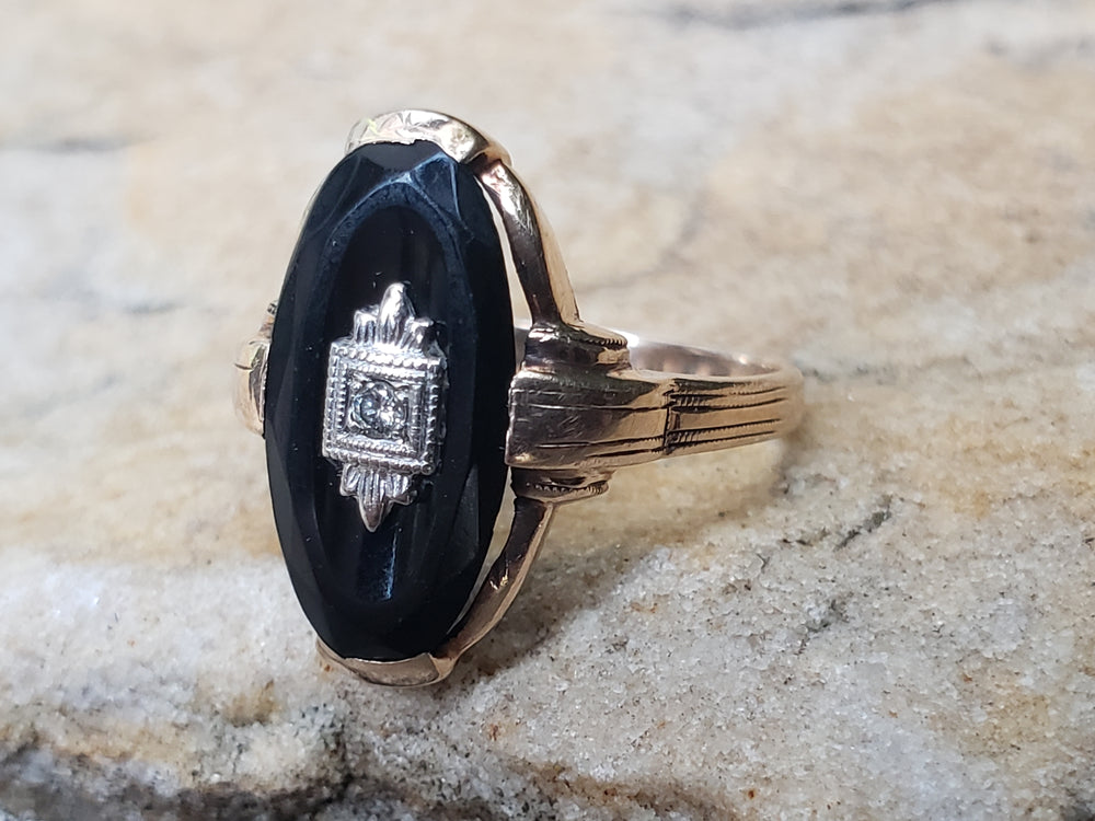 Onyx and Diamond Ladies Ring / Art Deco Faceted Onyx and Diamond Ring