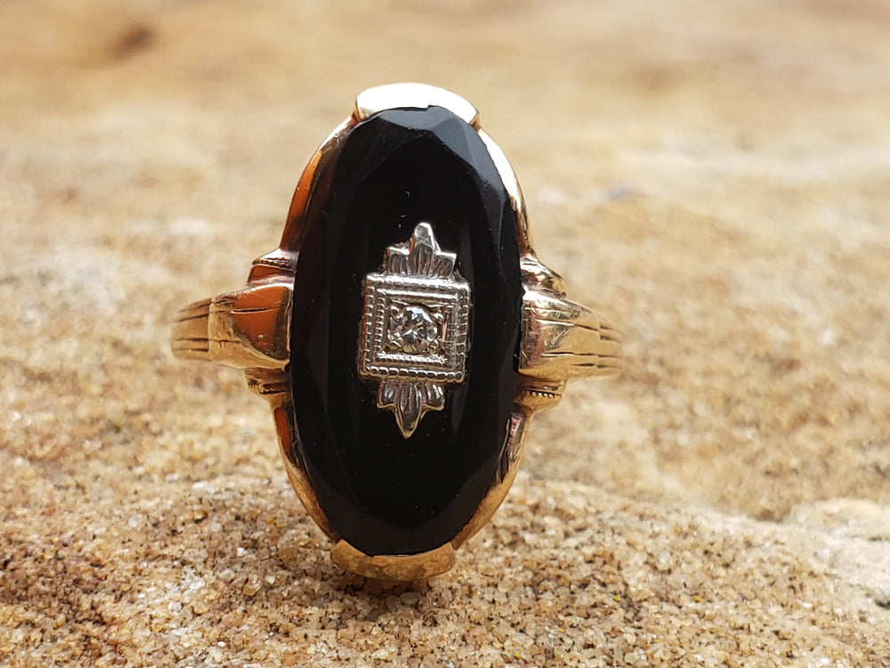 Onyx and Diamond Ladies Ring / Art Deco Faceted Onyx and Diamond Ring