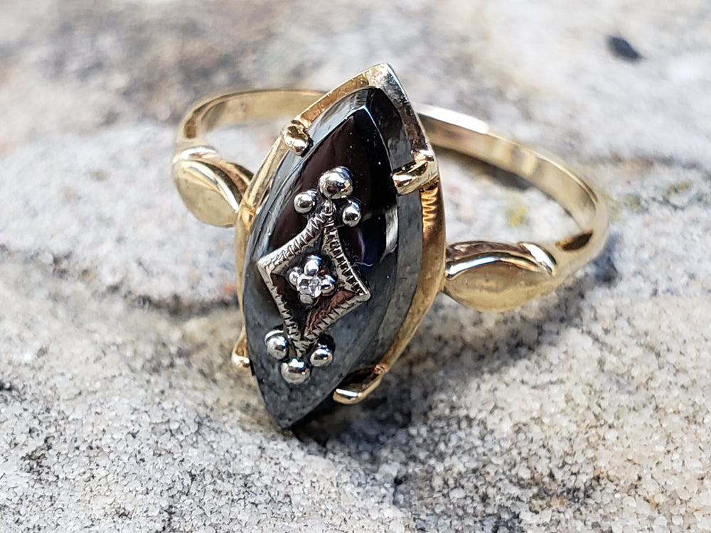 Art Deco Hematite Ring / Art Deco Diamond and Hematite Navette Ring