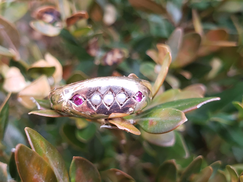 Victorian Pearl and Ruby Ring / Antique Victorian Wide Band Ring / June and July Birthstone Ring
