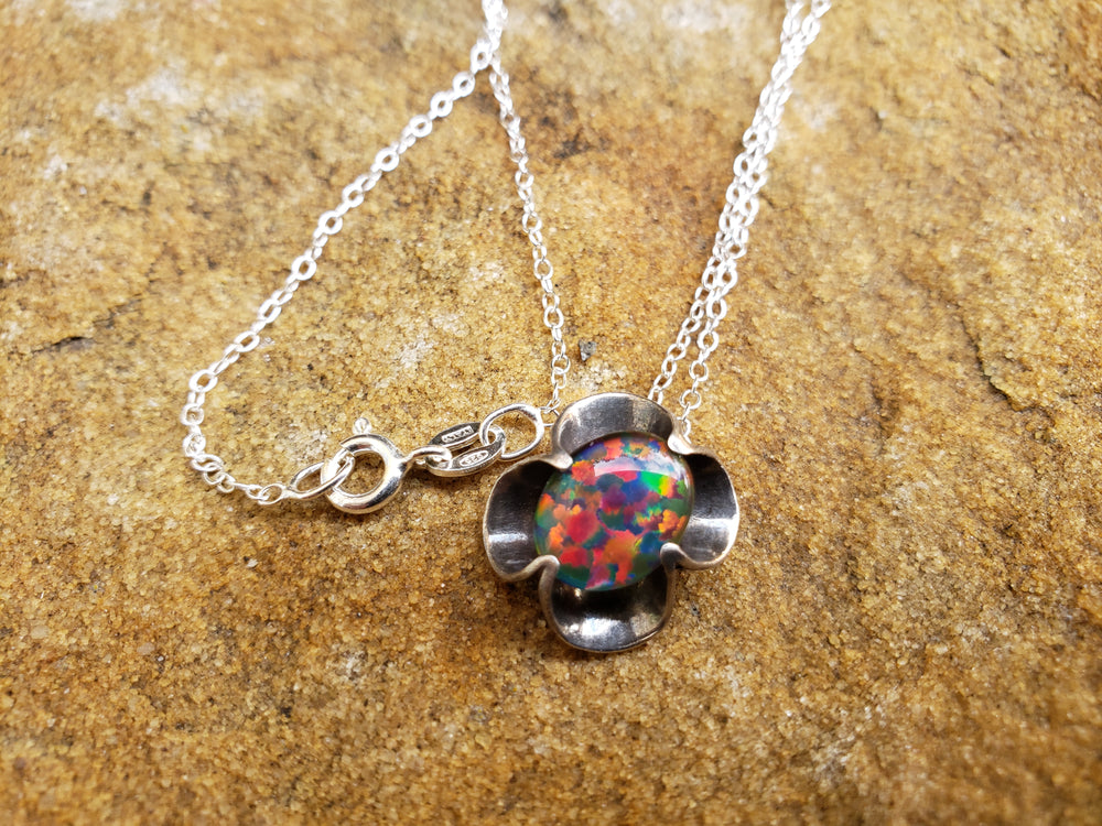 Opal Triplet in Buttercup Setting / Silver and Opal Necklace / Black Opal Triplet / Black Opal Triplet Pendant / October Birthstone Pendant
