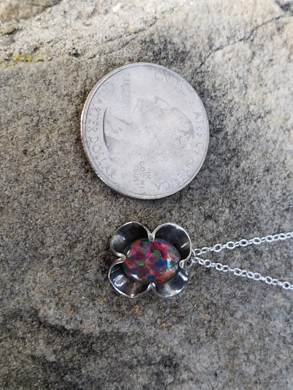 Opal Triplet in Buttercup Setting / Silver and Opal Necklace / Black Opal Triplet / Black Opal Triplet Pendant / October Birthstone Pendant