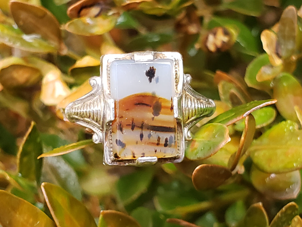 Art Deco Moss Agate Ring / Sterling Silver Antique Agate Ring