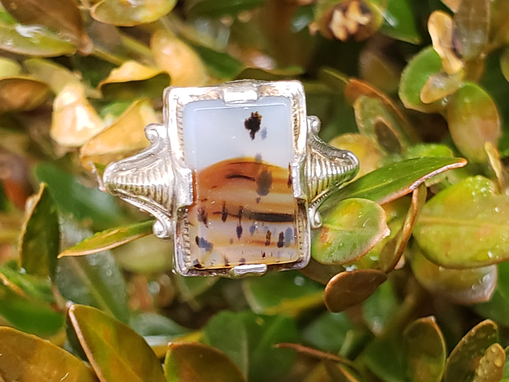 Art Deco Moss Agate Ring / Sterling Silver Antique Agate Ring