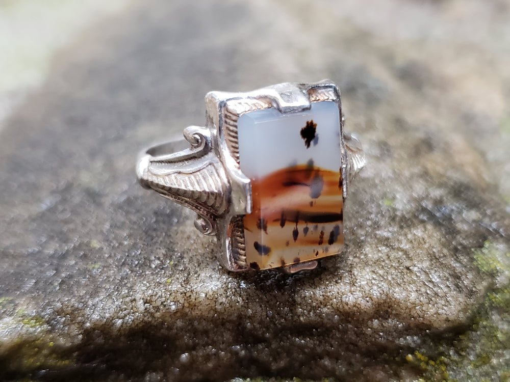 Art Deco Moss Agate Ring / Sterling Silver Antique Agate Ring