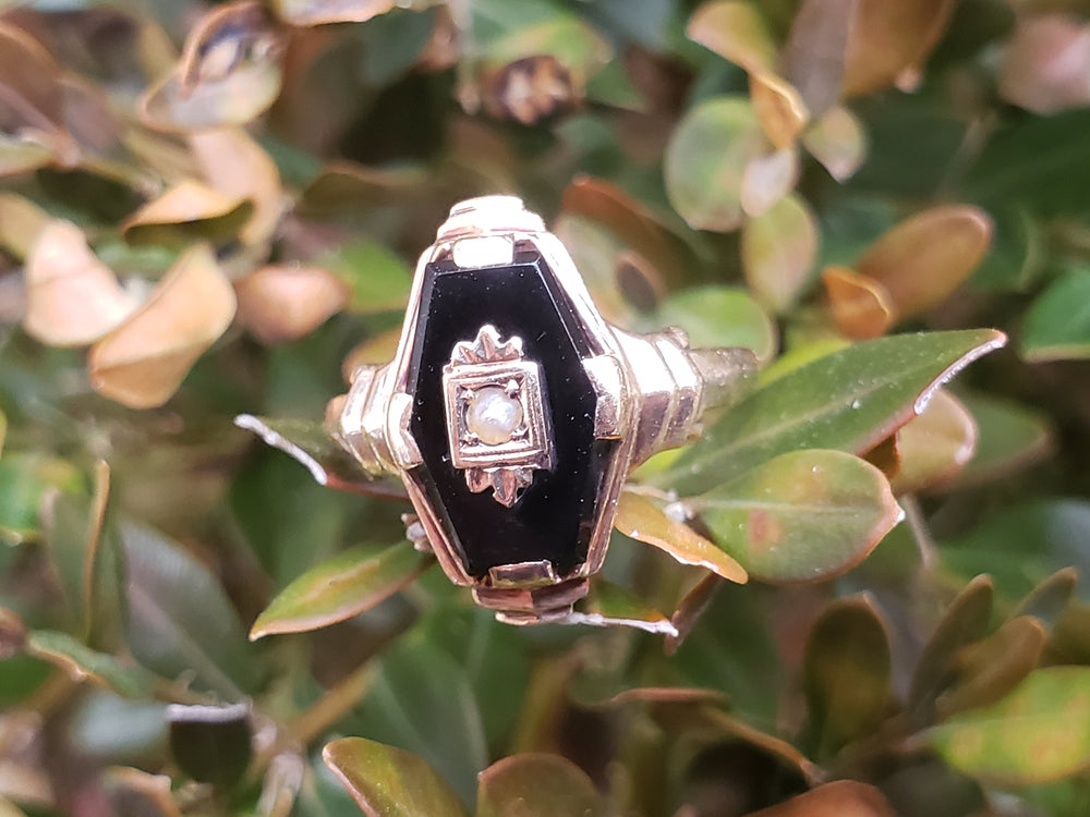 Onyx and Pearl Ladies Ring / Art Deco Faceted Onyx and Pearl Ring