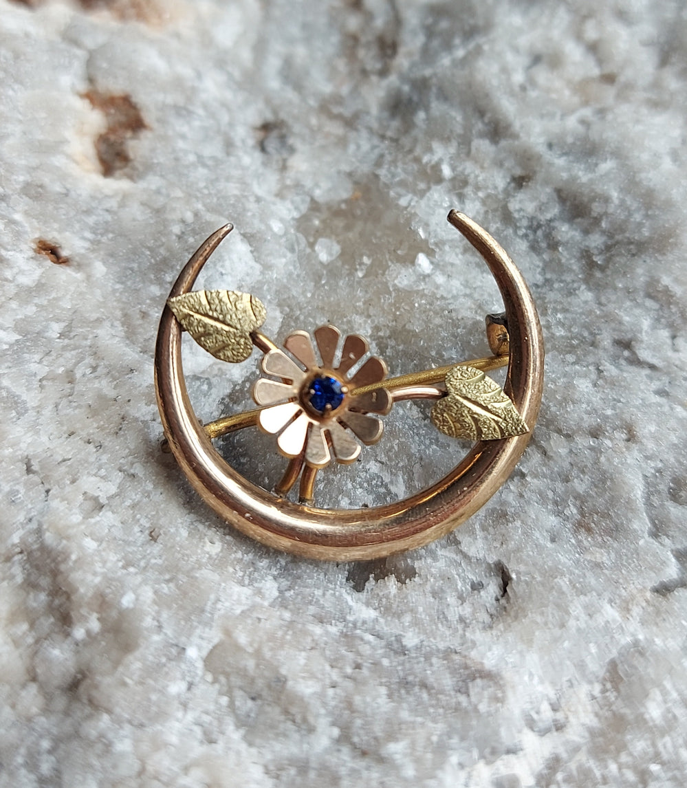 Gold Filled Crescent Brooch / Floral Crescent Brooch / Flower Jewellery / Edwardian Brooch