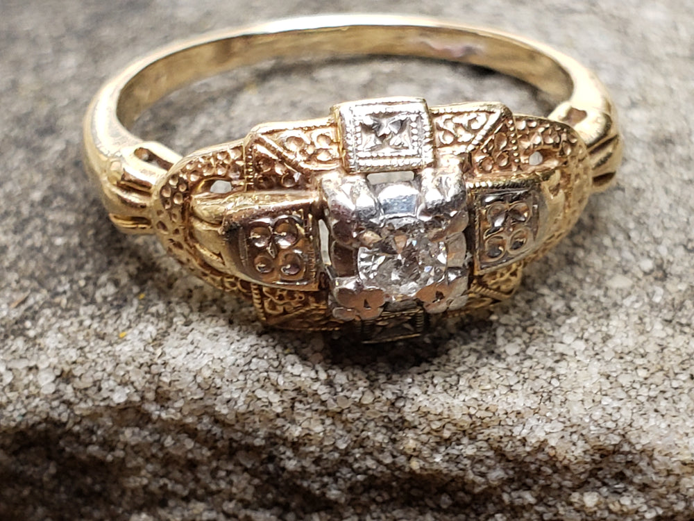 Art Deco Engagement Ring / Two Tone Engagement Ring / Transitional Cut Diamond