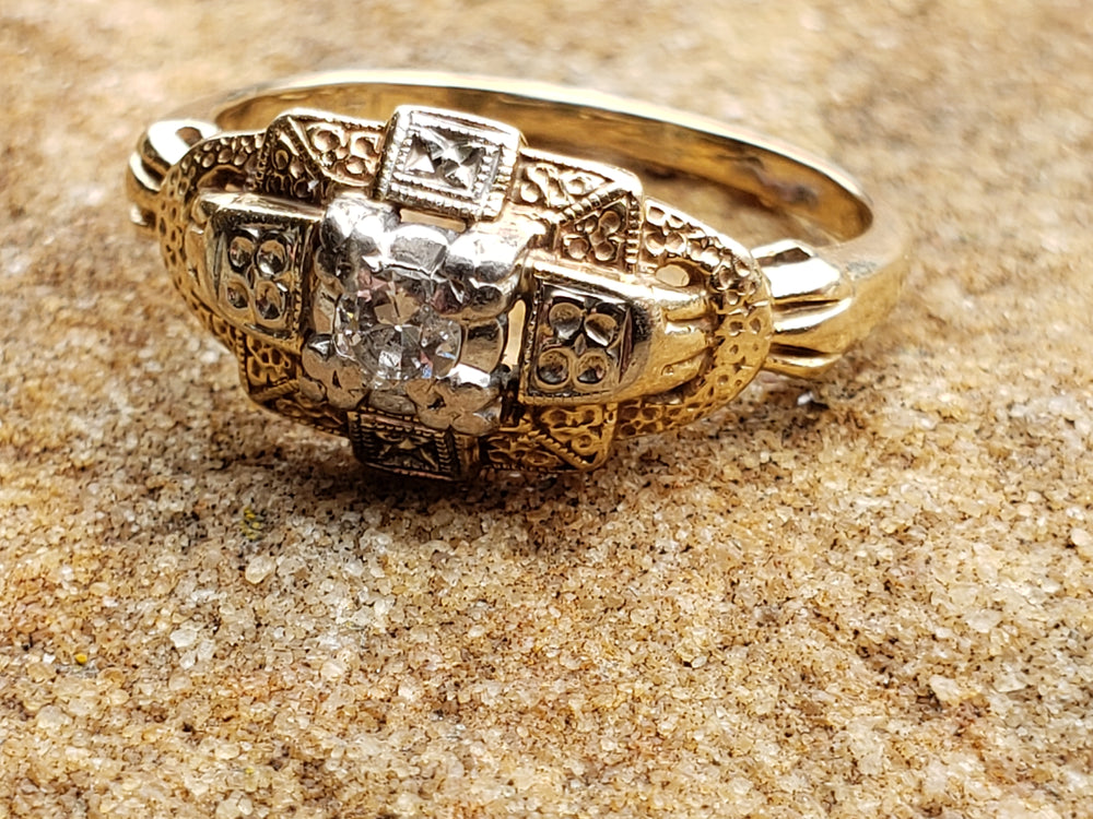 Art Deco Engagement Ring / Two Tone Engagement Ring / Transitional Cut Diamond