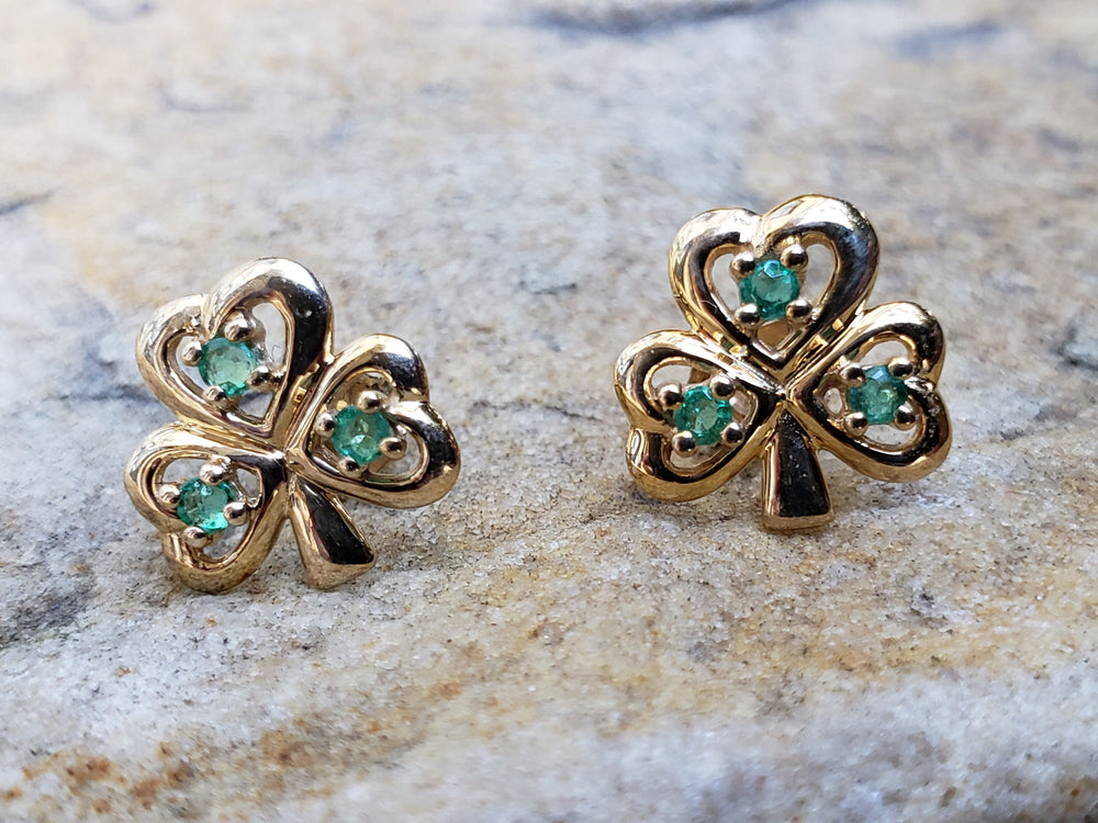 Shamrock Earrings with Emeralds / 10K Gold Shamrock Earrings / Emerald Earrings