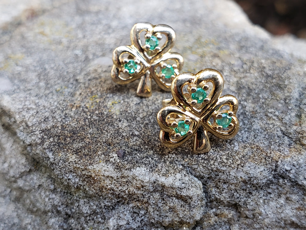 Shamrock Earrings with Emeralds / 10K Gold Shamrock Earrings / Emerald Earrings