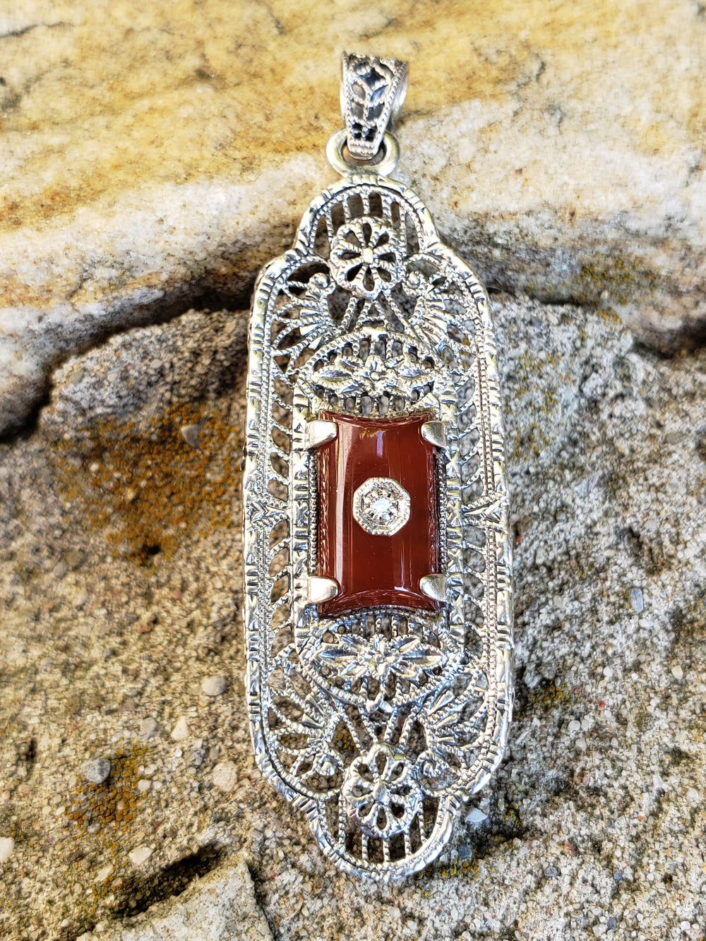 Diamond and Carnelian Silver Filigree Pendant / Vintage Reproduction Silver Filigree Pendant