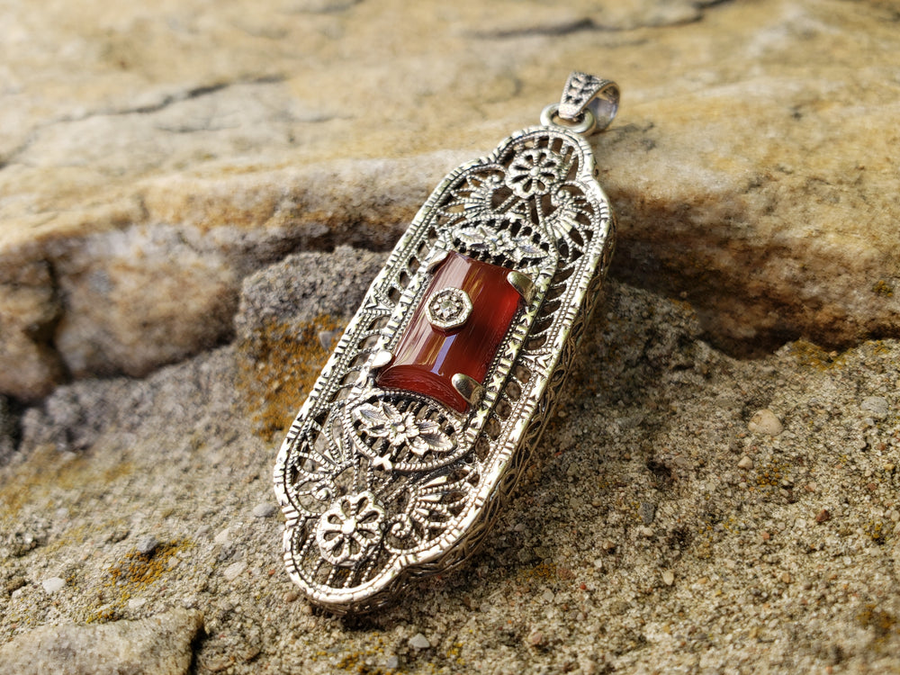 Diamond and Carnelian Silver Filigree Pendant / Vintage Reproduction Silver Filigree Pendant