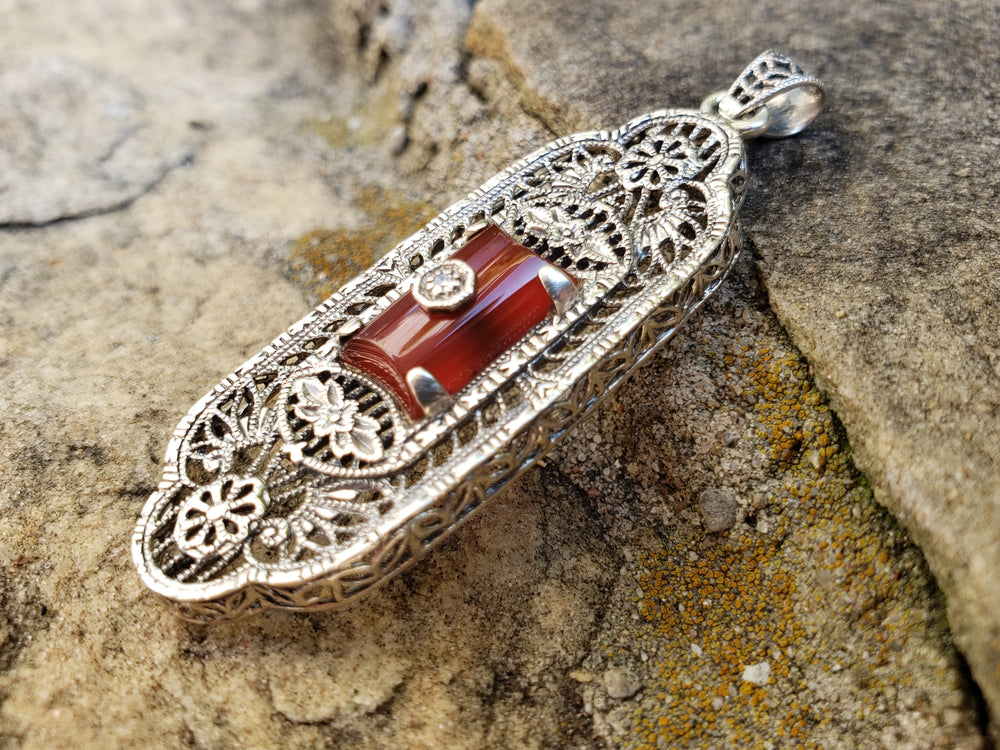 Diamond and Carnelian Silver Filigree Pendant / Vintage Reproduction Silver Filigree Pendant