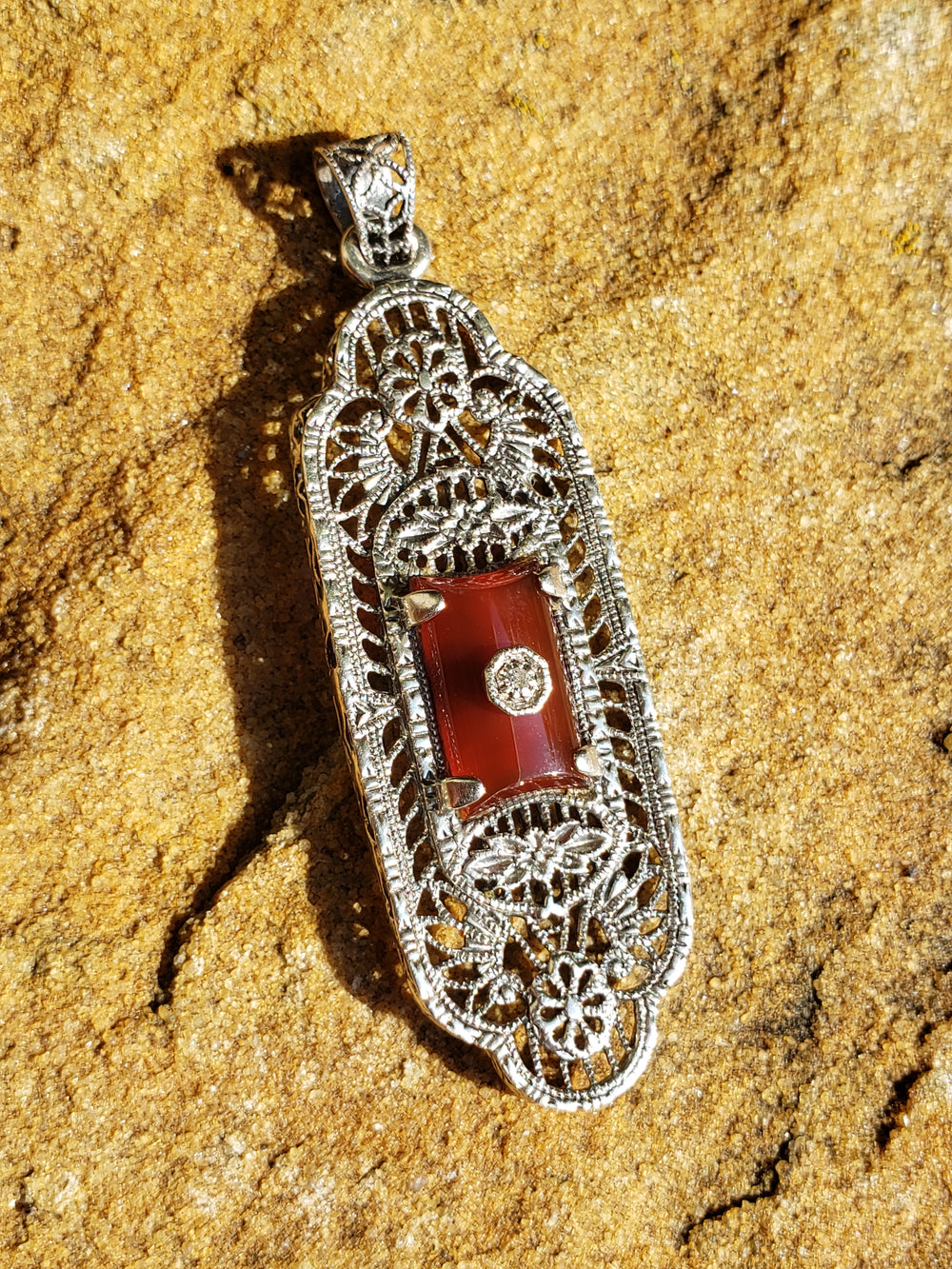 Diamond and Carnelian Silver Filigree Pendant / Vintage Reproduction Silver Filigree Pendant