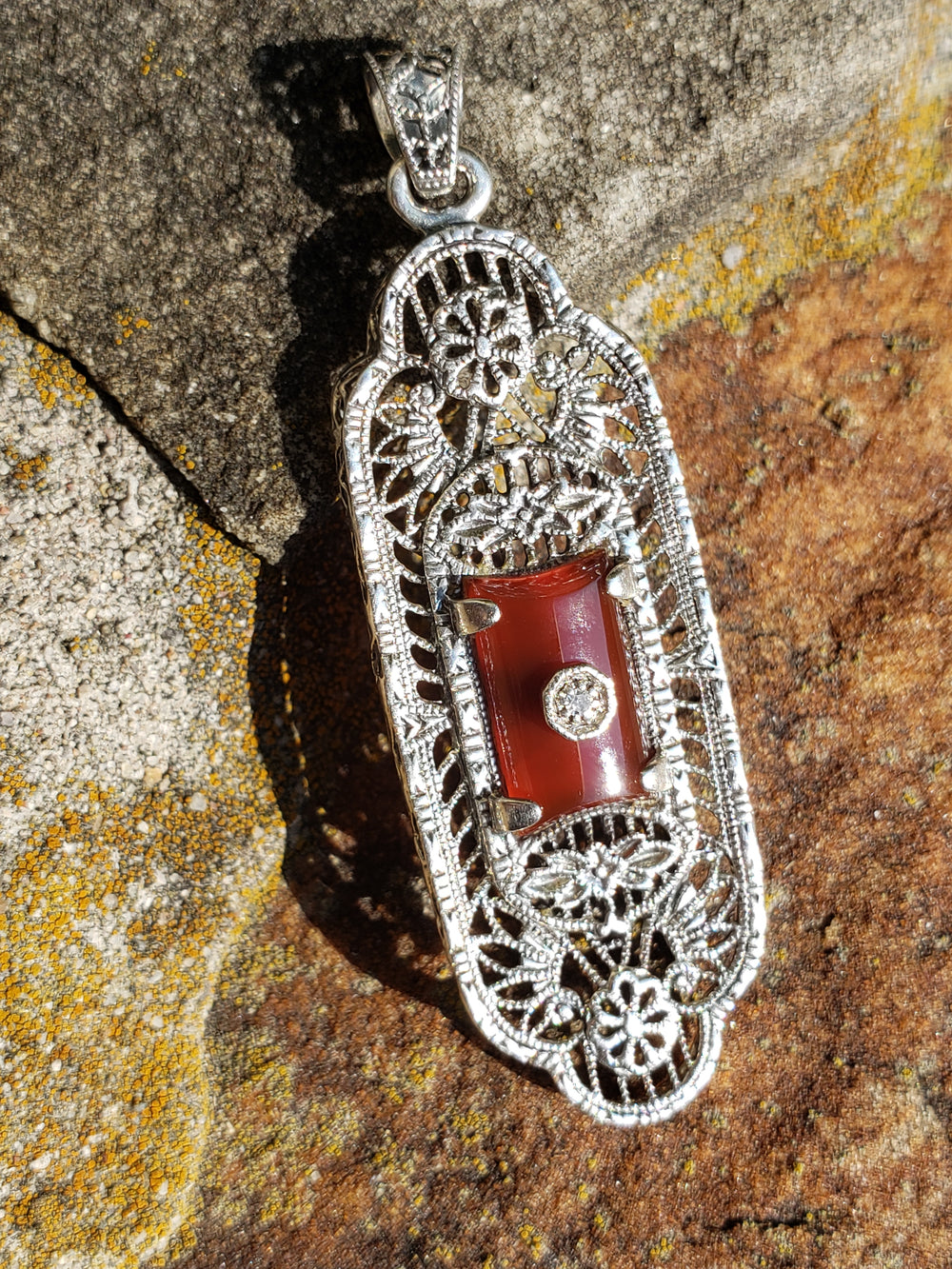 Diamond and Carnelian Silver Filigree Pendant / Vintage Reproduction Silver Filigree Pendant