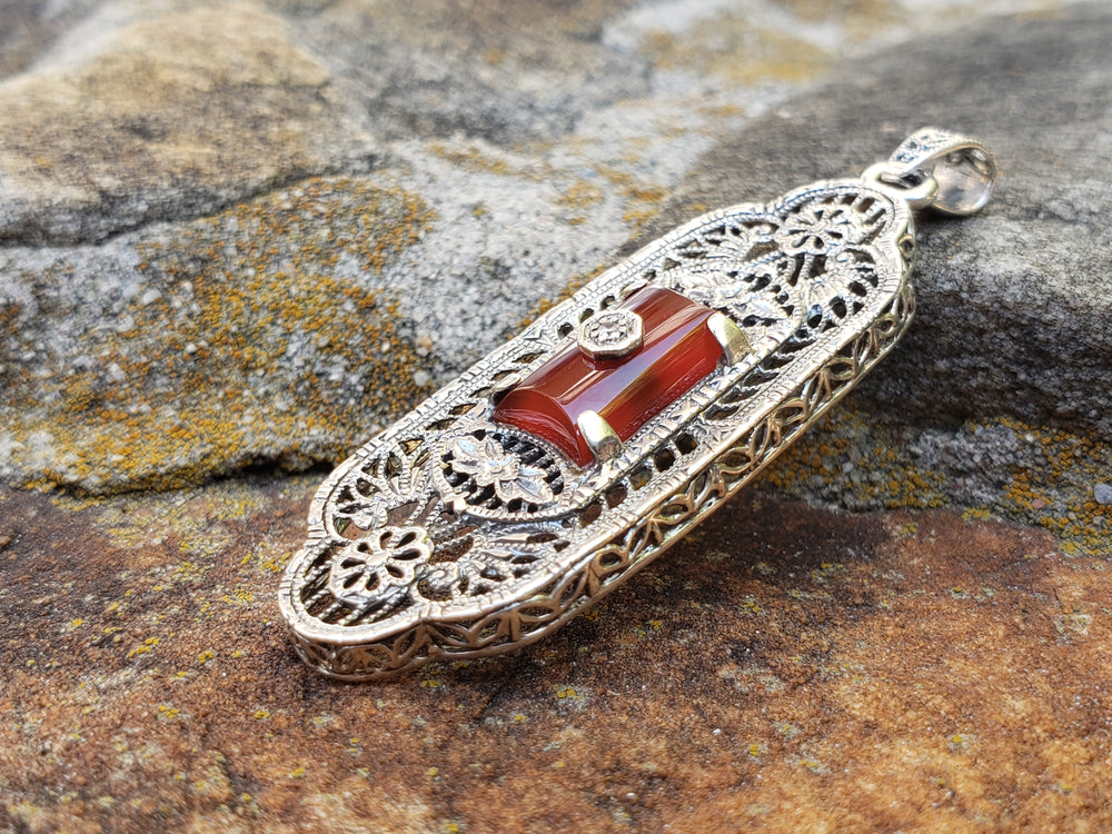 Diamond and Carnelian Silver Filigree Pendant / Vintage Reproduction Silver Filigree Pendant