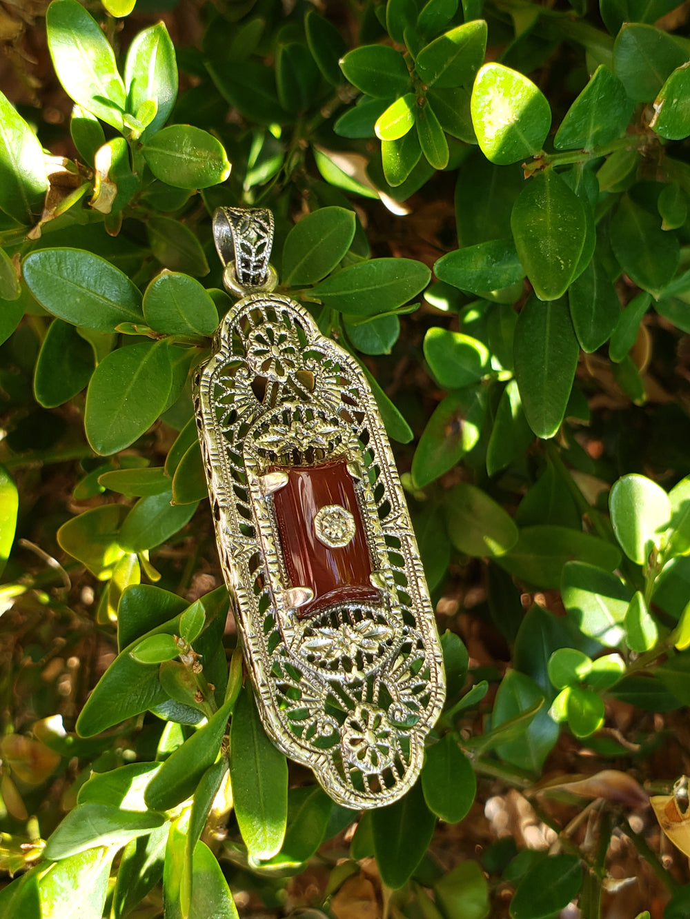 Diamond and Carnelian Silver Filigree Pendant / Vintage Reproduction Silver Filigree Pendant