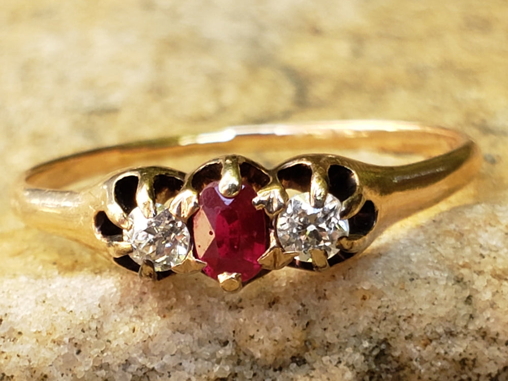 Victorian Ruby and Diamond Ring / Three stone Ruby Engagement Ring / Antique Ring