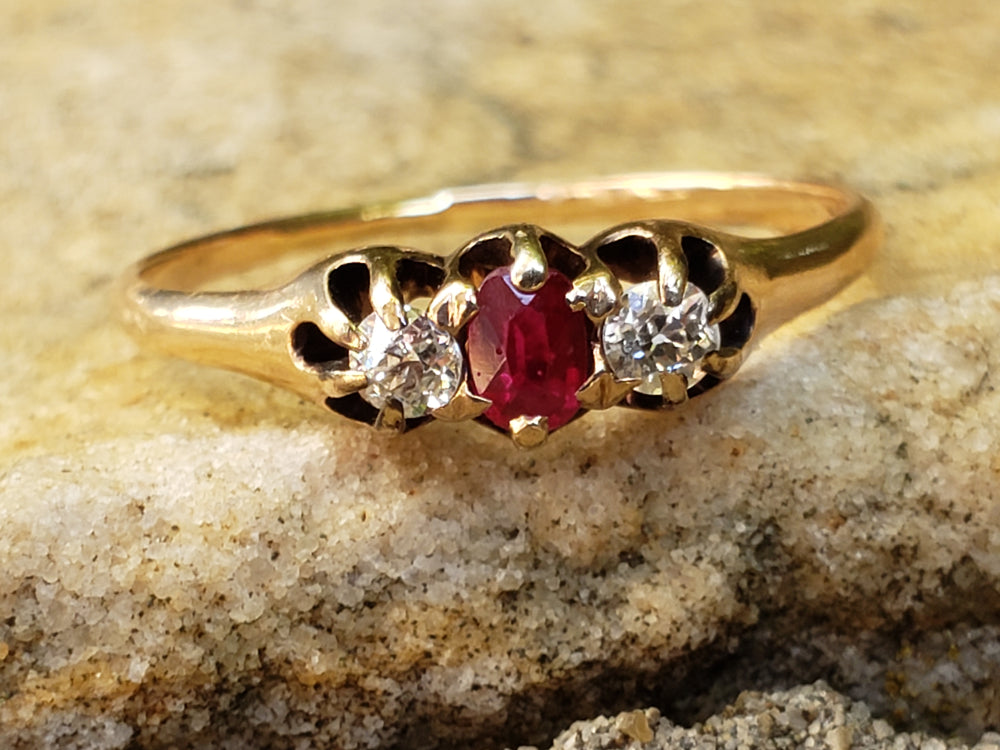 Victorian Ruby and Diamond Ring / Three stone Ruby Engagement Ring / Antique Ring