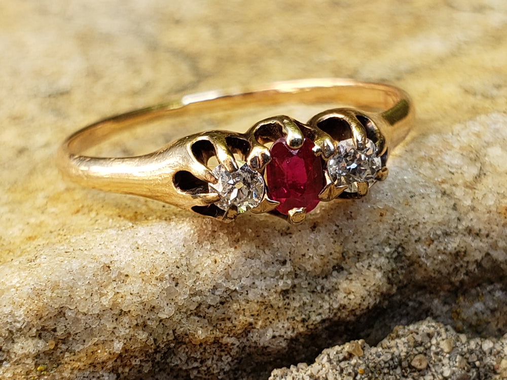 Victorian Ruby and Diamond Ring / Three stone Ruby Engagement Ring / Antique Ring