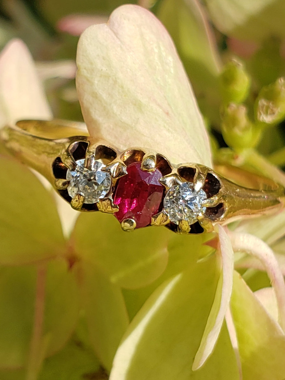 Victorian Ruby and Diamond Ring / Three stone Ruby Engagement Ring / Antique Ring