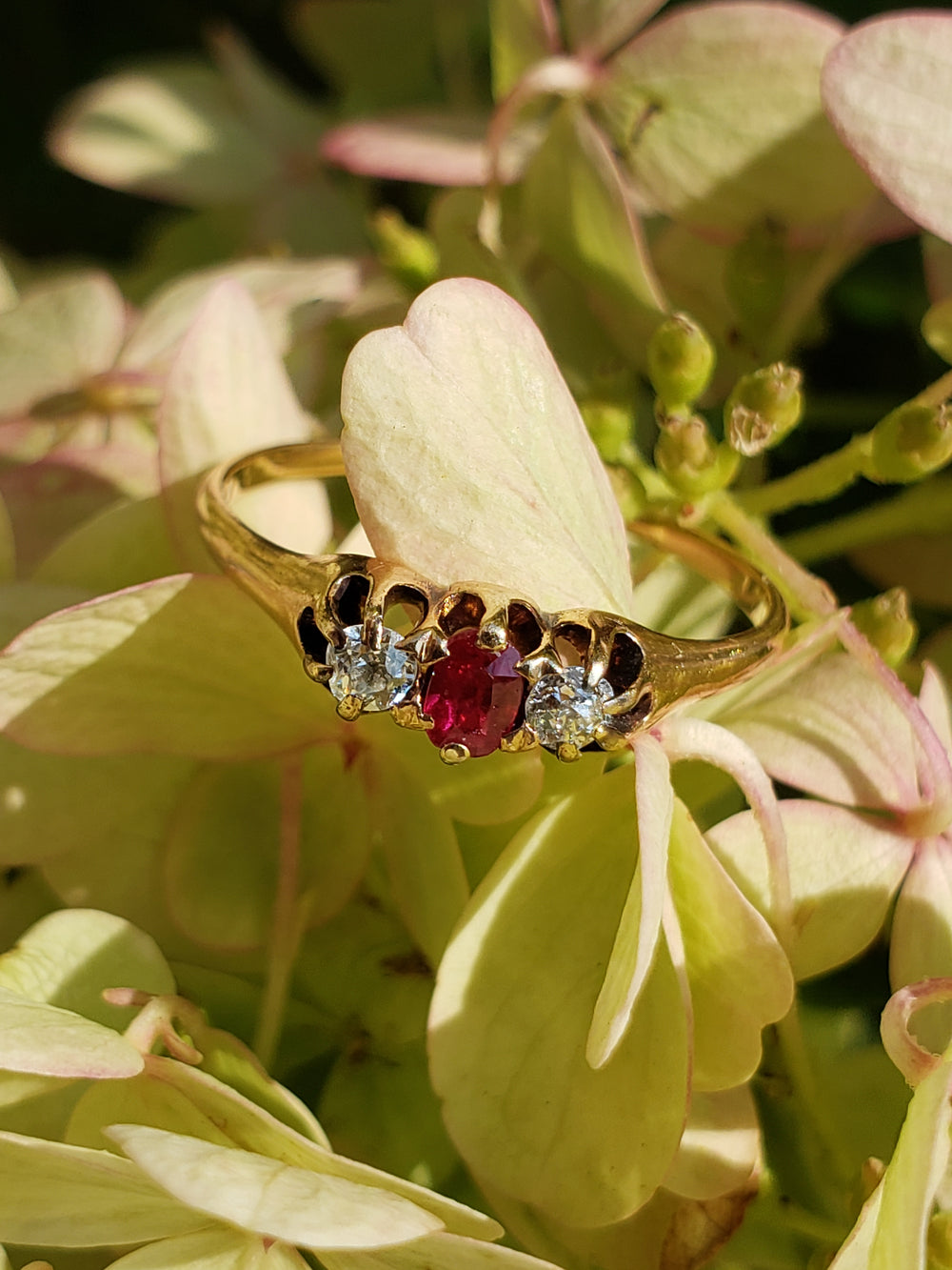 Victorian Ruby and Diamond Ring / Three stone Ruby Engagement Ring / Antique Ring