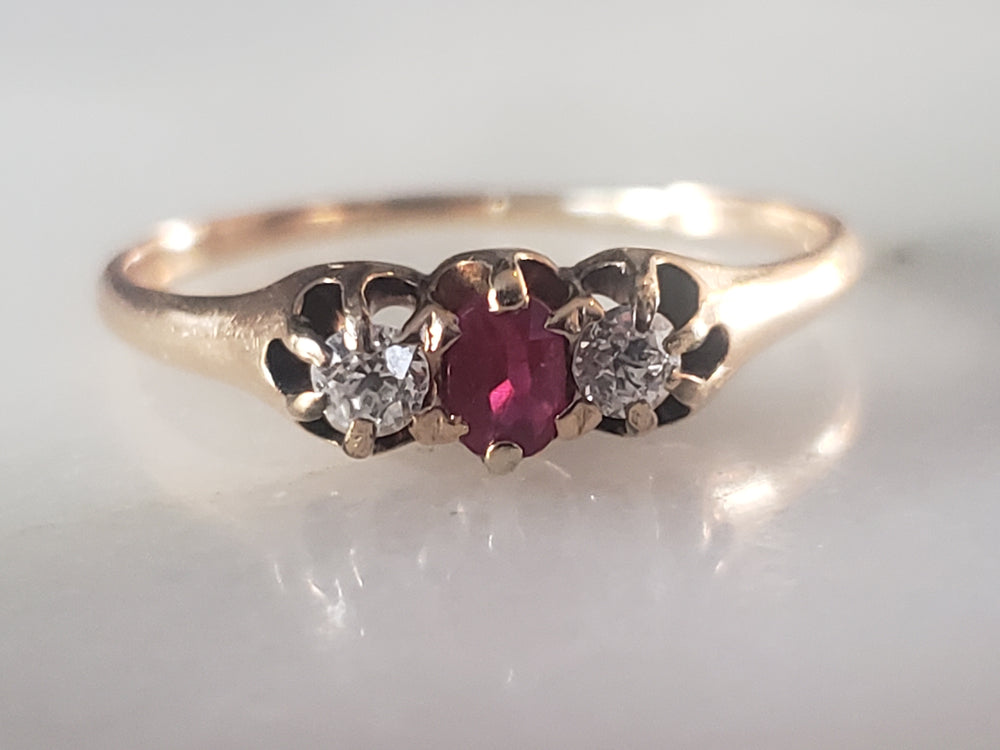 Victorian Ruby and Diamond Ring / Three stone Ruby Engagement Ring / Antique Ring