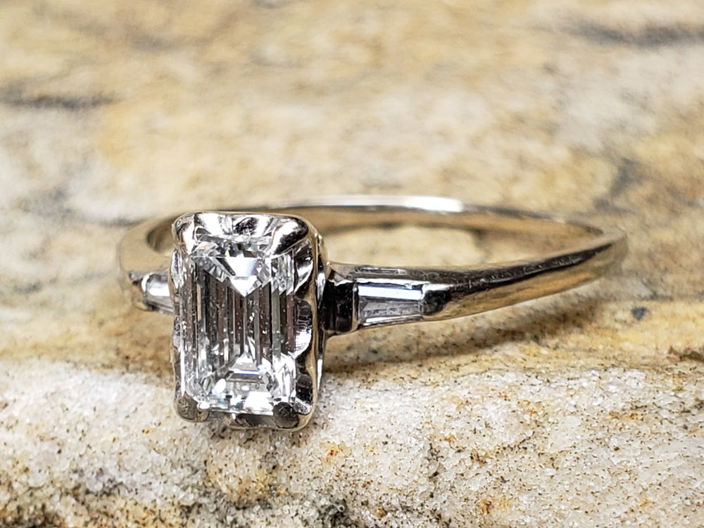 Emerald Cut Diamond Engagement Ring / 0.81 ct Diamond Engagement Ring / Emerald and Baguette Diamond Engagement Ring