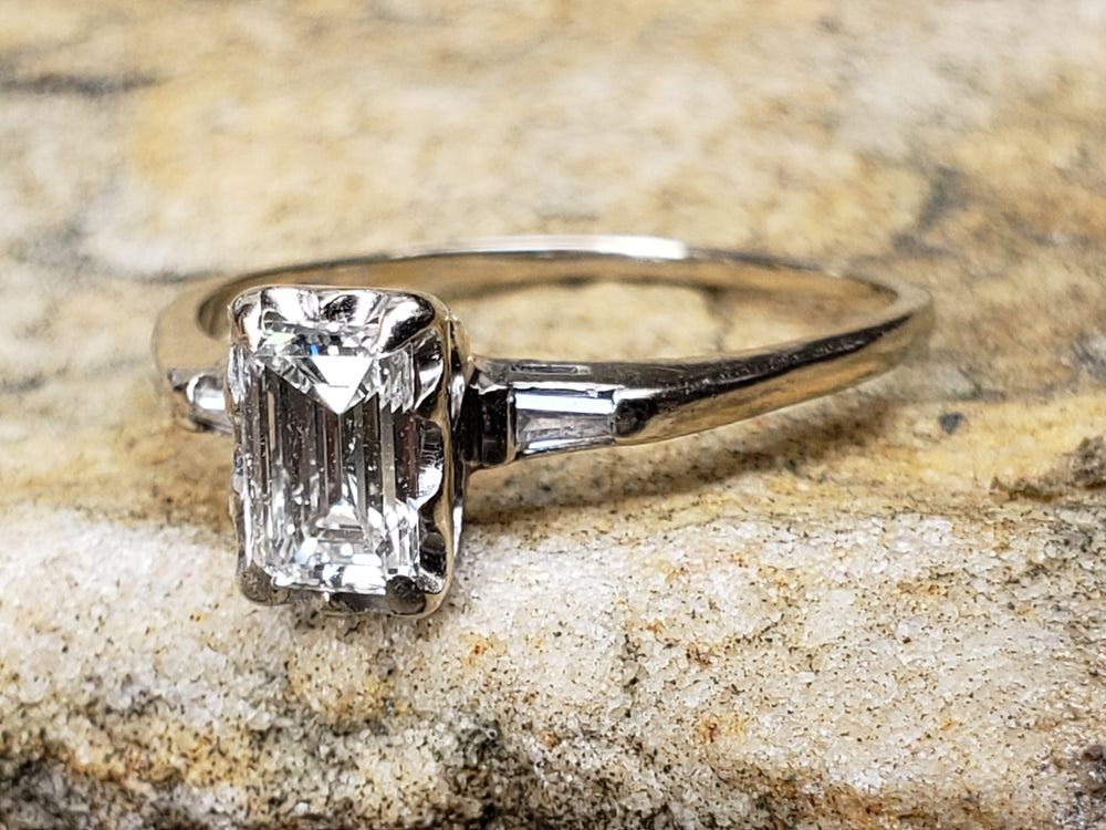 Emerald Cut Diamond Engagement Ring / 0.81 ct Diamond Engagement Ring / Emerald and Baguette Diamond Engagement Ring