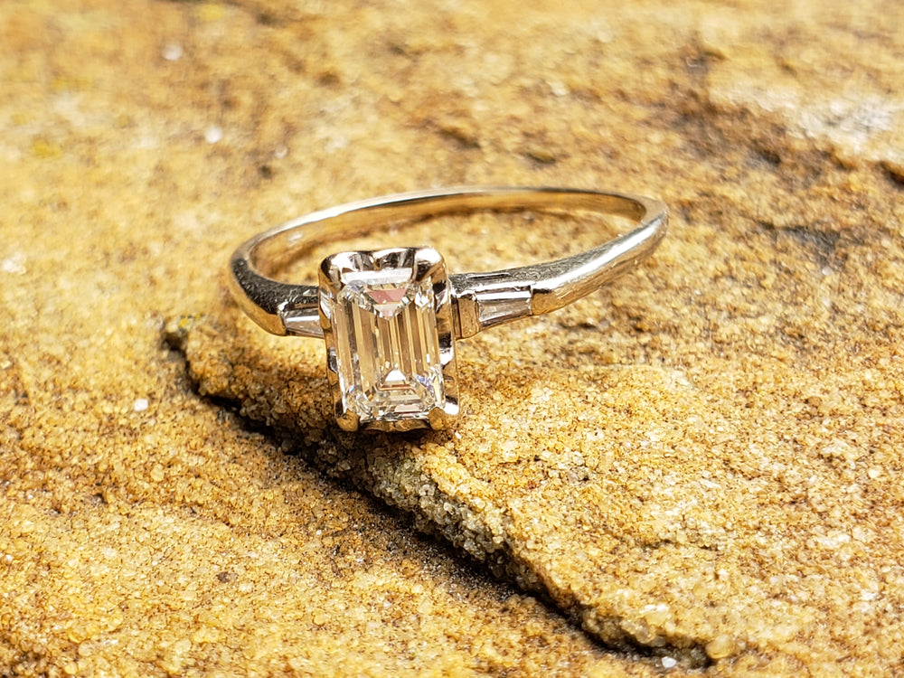 Emerald Cut Diamond Engagement Ring / 0.81 ct Diamond Engagement Ring / Emerald and Baguette Diamond Engagement Ring