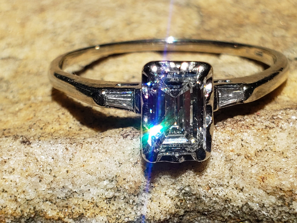 Emerald Cut Diamond Engagement Ring / 0.81 ct Diamond Engagement Ring / Emerald and Baguette Diamond Engagement Ring