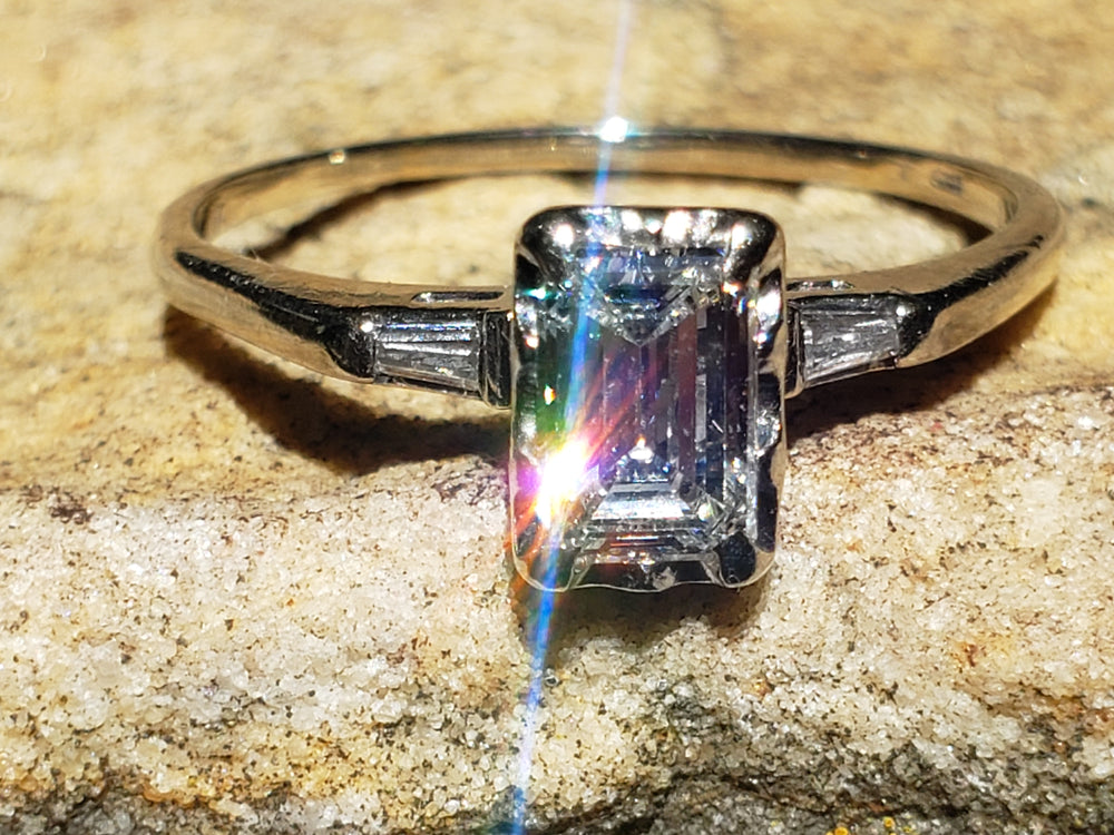 Emerald Cut Diamond Engagement Ring / 0.81 ct Diamond Engagement Ring / Emerald and Baguette Diamond Engagement Ring