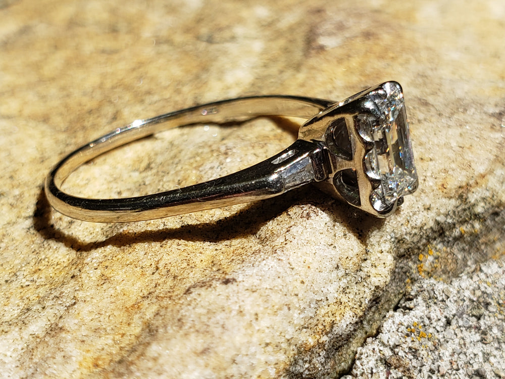 Emerald Cut Diamond Engagement Ring / 0.81 ct Diamond Engagement Ring / Emerald and Baguette Diamond Engagement Ring