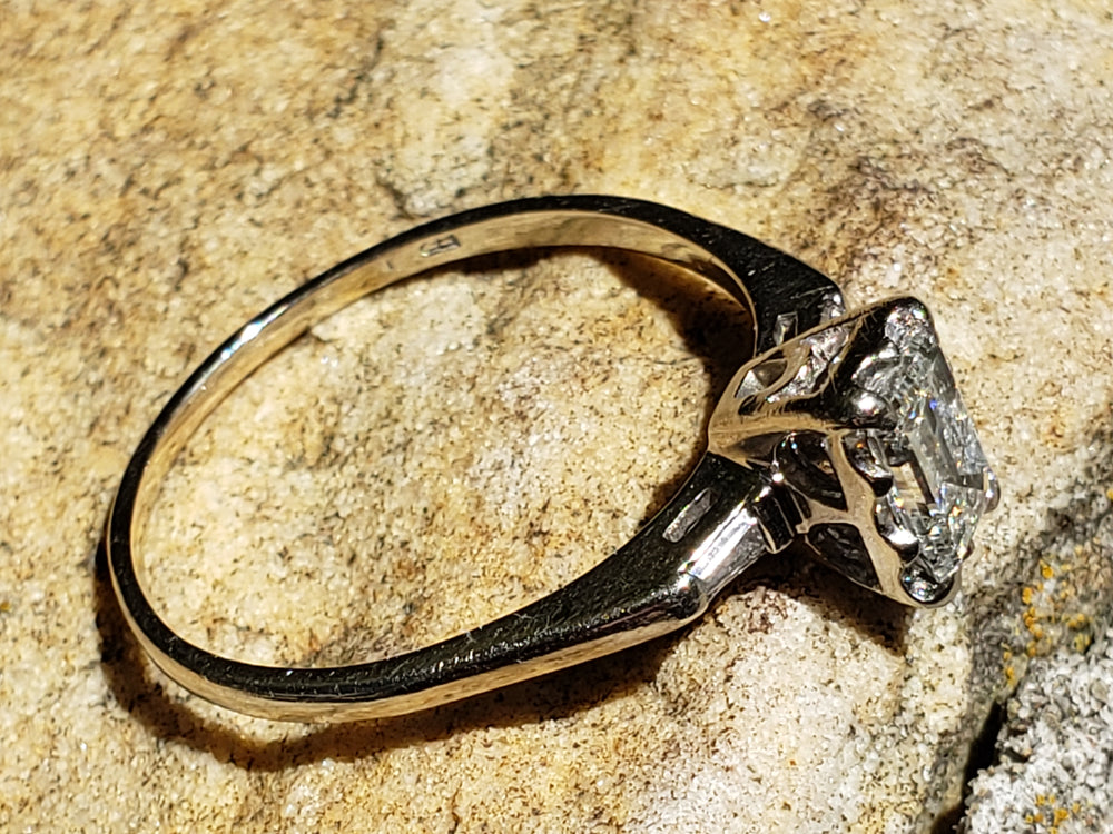 Emerald Cut Diamond Engagement Ring / 0.81 ct Diamond Engagement Ring / Emerald and Baguette Diamond Engagement Ring