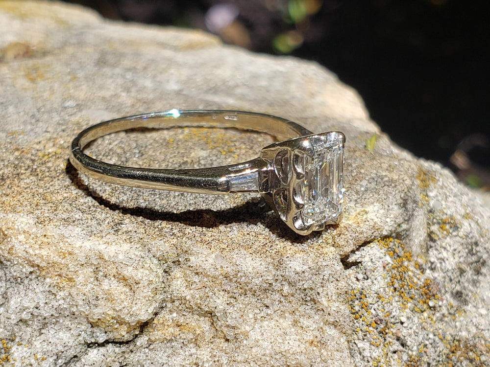 Emerald Cut Diamond Engagement Ring / 0.81 ct Diamond Engagement Ring / Emerald and Baguette Diamond Engagement Ring