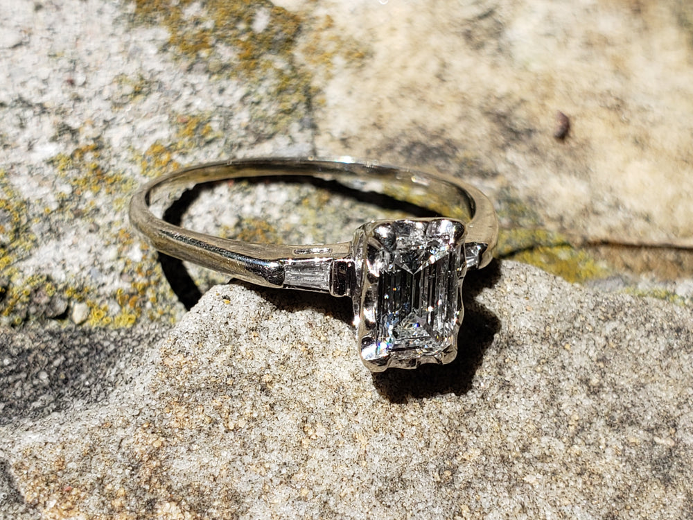 Emerald Cut Diamond Engagement Ring / 0.81 ct Diamond Engagement Ring / Emerald and Baguette Diamond Engagement Ring