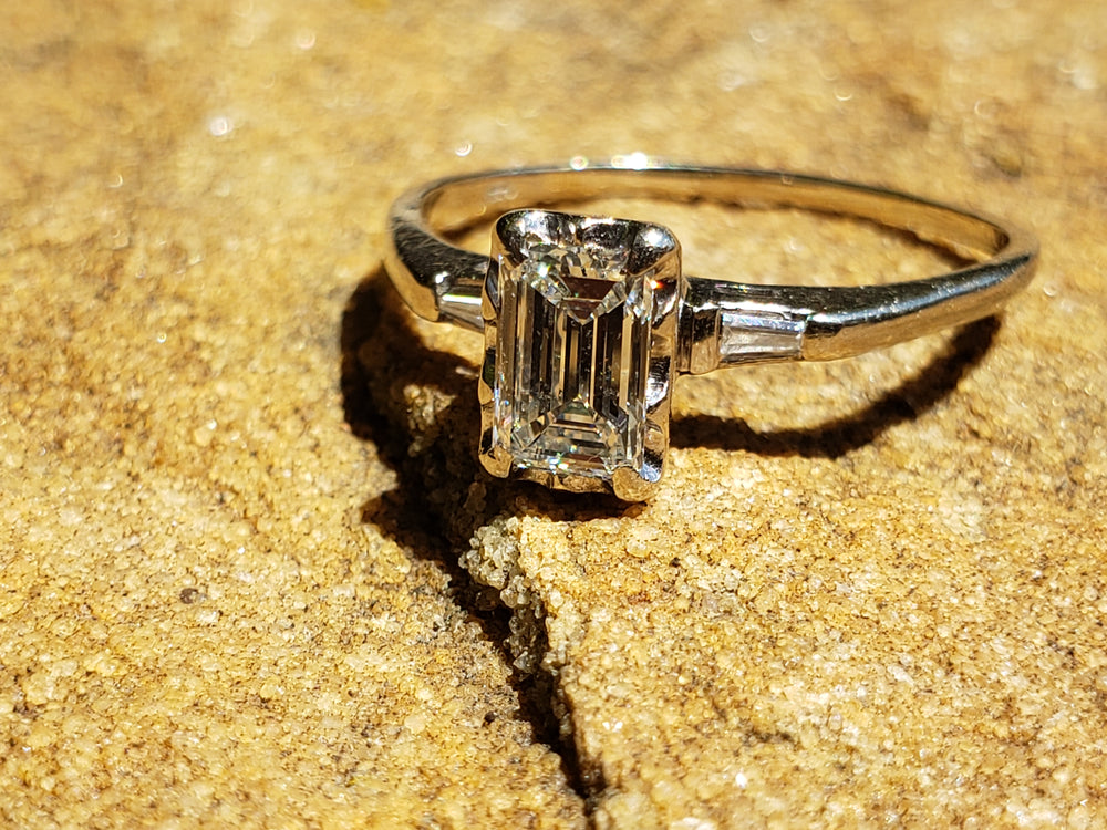 Emerald Cut Diamond Engagement Ring / 0.81 ct Diamond Engagement Ring / Emerald and Baguette Diamond Engagement Ring