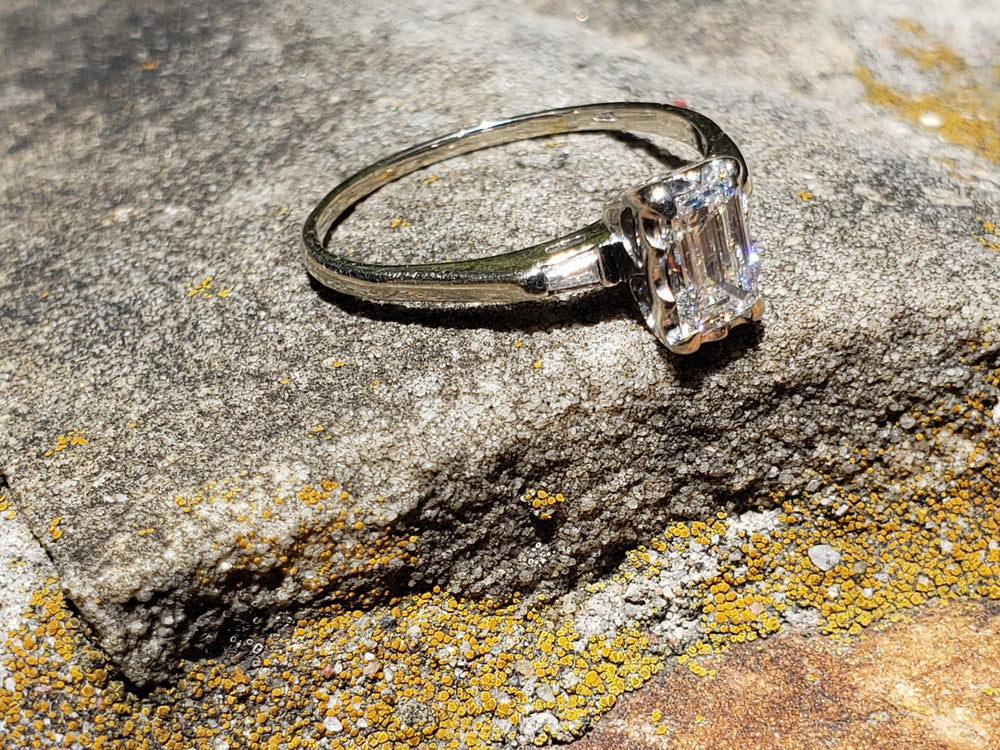 Emerald Cut Diamond Engagement Ring / 0.81 ct Diamond Engagement Ring / Emerald and Baguette Diamond Engagement Ring