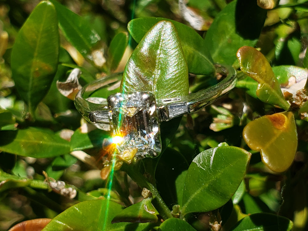 Emerald Cut Diamond Engagement Ring / 0.81 ct Diamond Engagement Ring / Emerald and Baguette Diamond Engagement Ring