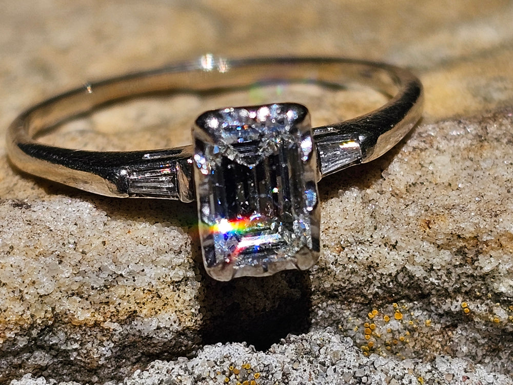 Emerald Cut Diamond Engagement Ring / 0.81 ct Diamond Engagement Ring / Emerald and Baguette Diamond Engagement Ring